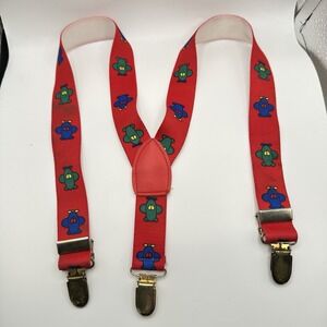 VTG 24" Baby Boy Toddler Suspenders Clips Red Airplanes Primary 90's
